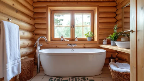 Wooden Bathroom Interior with Bathtub