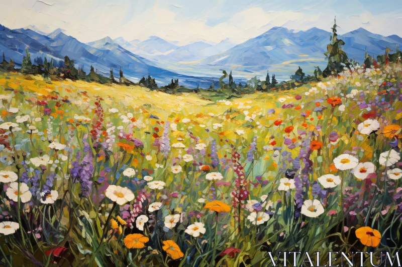 AI ART Wildflower Meadow with Distant Mountain Range