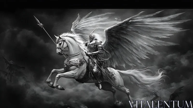 AI ART Monochrome Winged Knight Pegasus Illustration