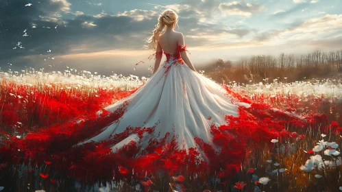 Lady in White Dress in Flower Meadow