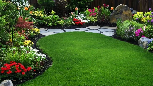 Vibrant Garden with Green Lawn and Flowers