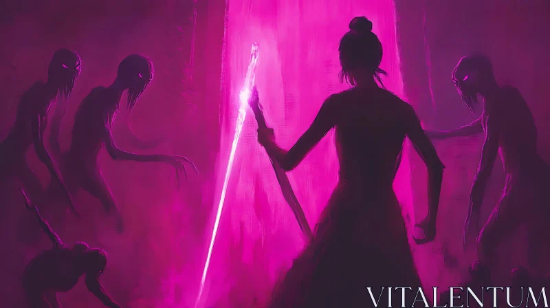 AI ART Pink Lit Battle: Woman and Shadows