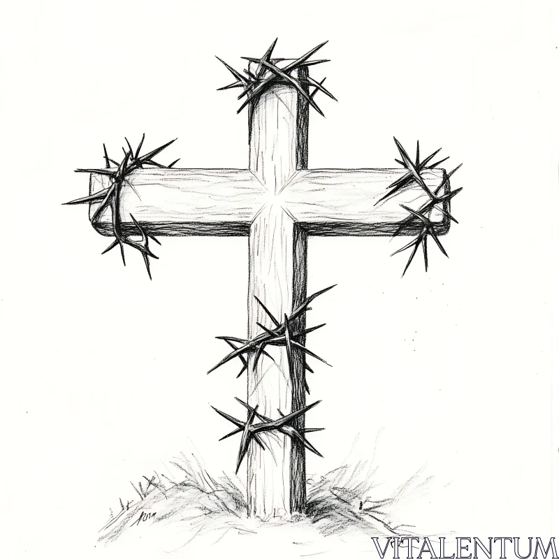 Thorn-Covered Wooden Cross Drawing AI Image