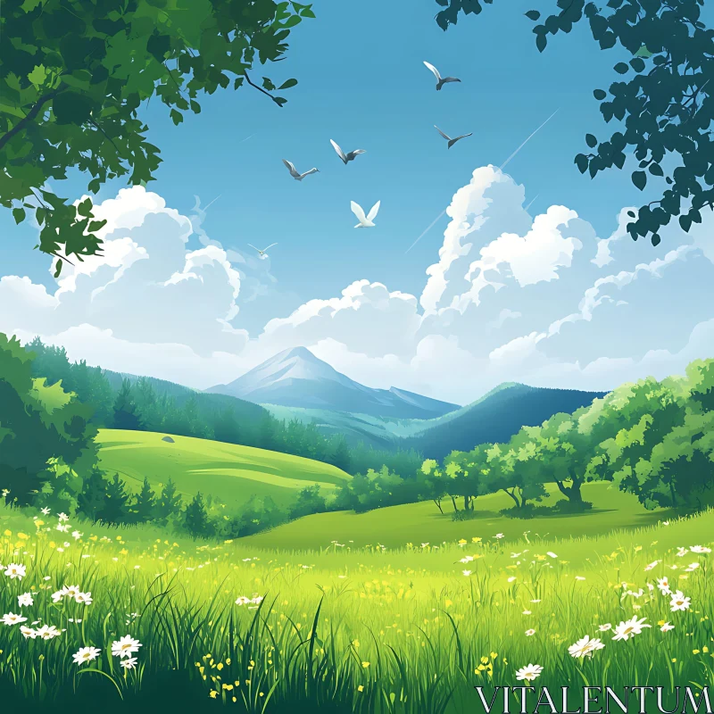 AI ART Peaceful Landscape with Birds in Flight