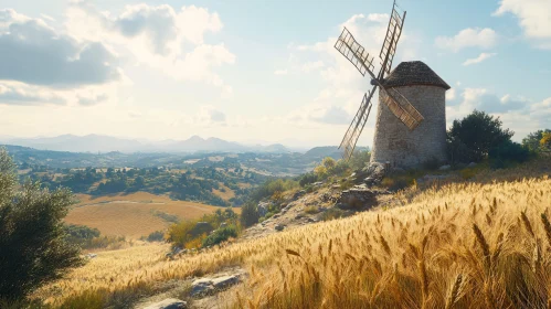 Rural Landscape with Windmill and Wheat Field