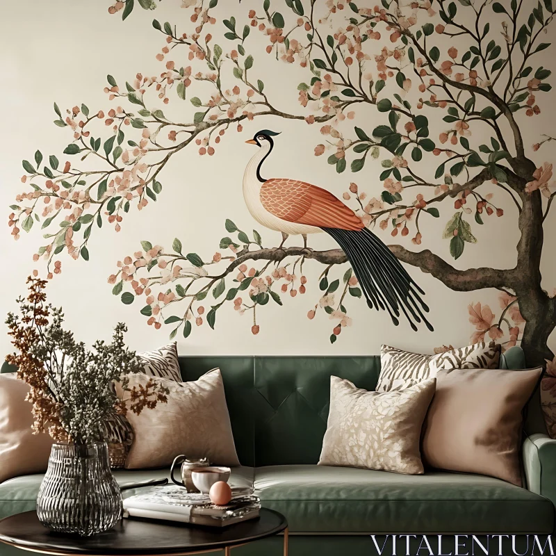 AI ART Green Couch with Floral Bird Wall Art