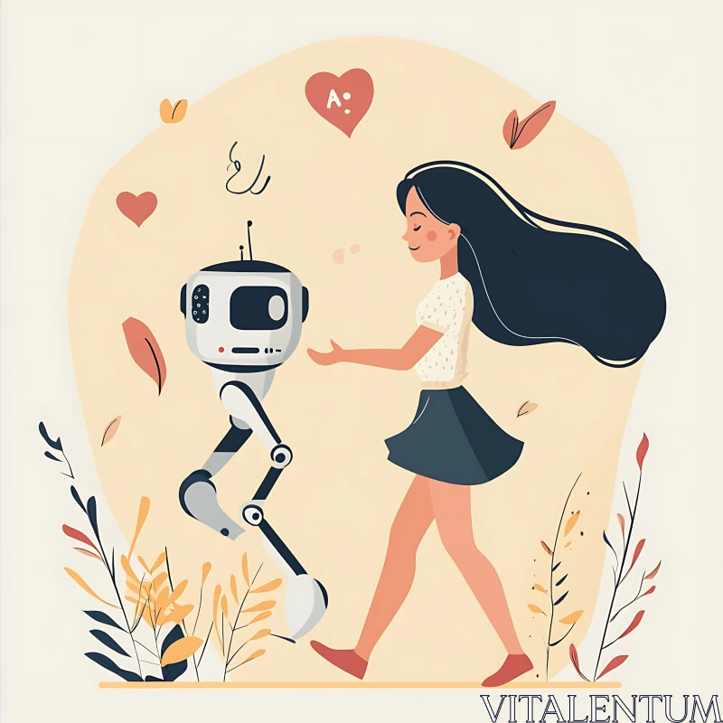 Stylized Robot and Girl Friendship Art AI Image