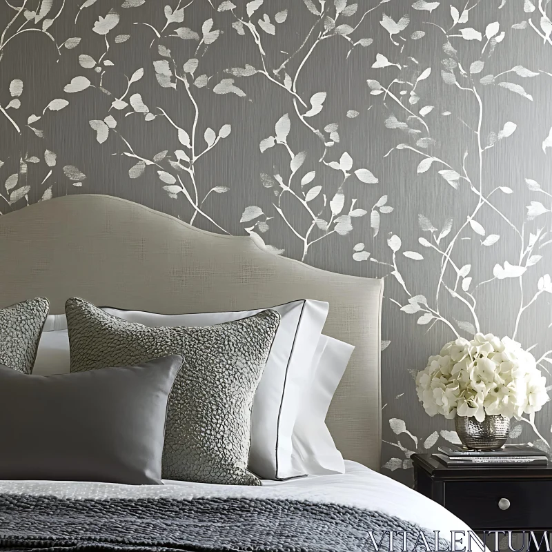 Calming Bedroom Interior with Floral Accents AI Image