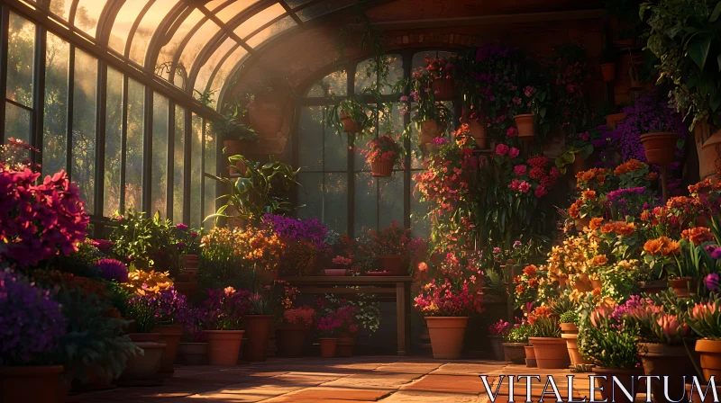 Sunlit Flower Garden in a Greenhouse AI Image