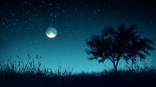 Night Scene with Moon and Tree