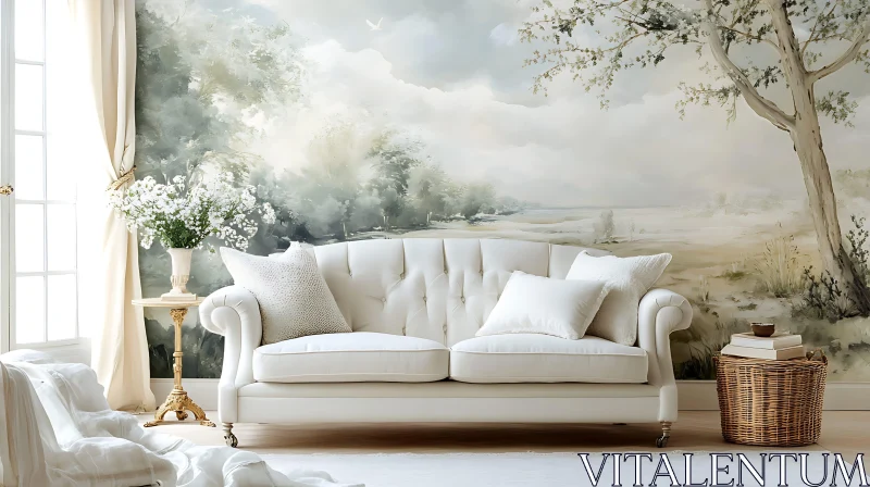 Serene Interior with White Sofa and Mural AI Image