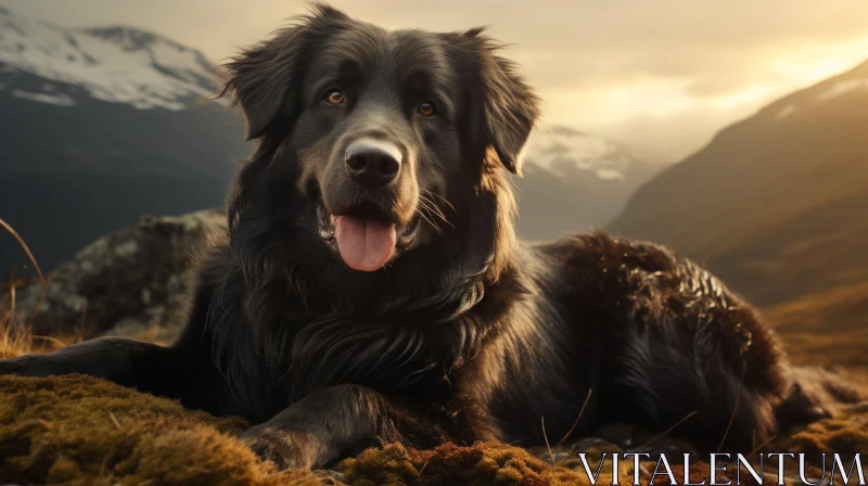Black Dog Resting in Field with Mountain Background AI Image