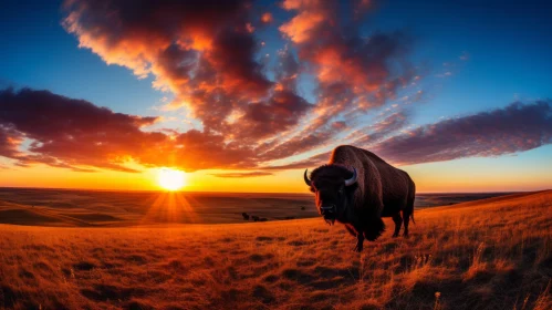 Breathtaking Bison in Prairie at Sunset