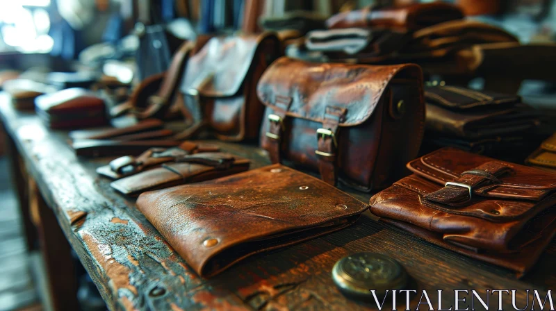 Brown Leather Goods on Wooden Table - Distressed Look AI Image
