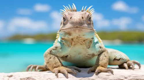 Captivating Iguana on the Beach: Turquoise and Sky-Blue Scuba Diving