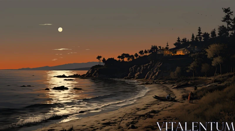 Chiaroscuro-lit Beach Scene at Sunset in California AI Image