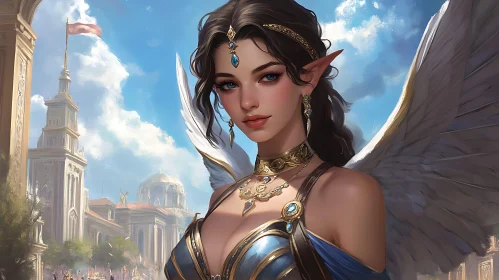 Elegant Angelic Elf with City View
