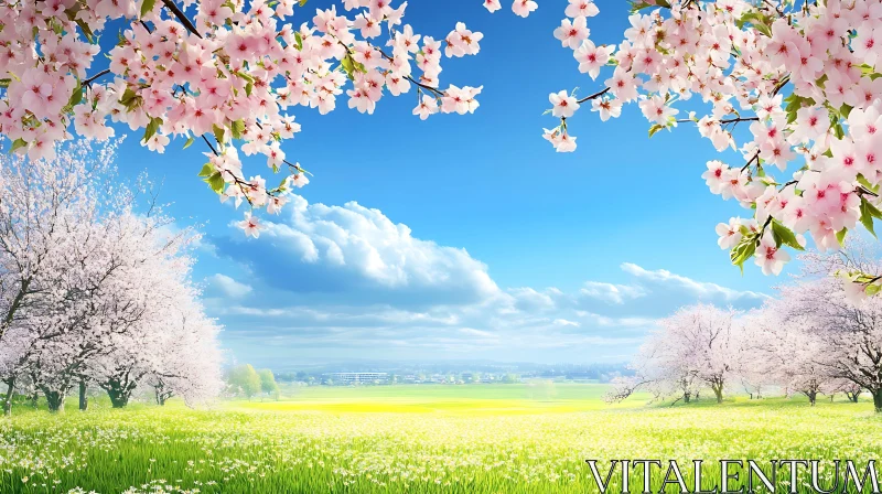 Pink Blossoms in Green Meadow AI Image