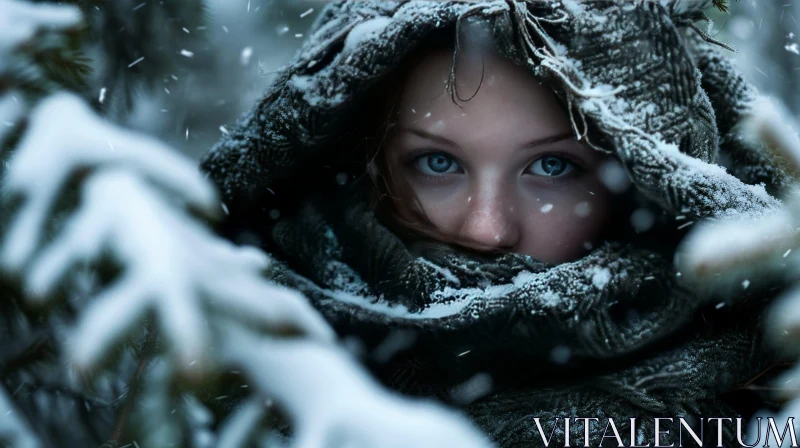 Enchanting Portrait of a Woman in a Snowy Forest AI Image