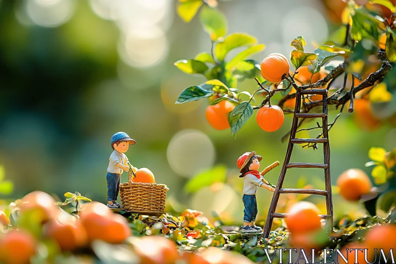 Miniature People Harvesting Fruits AI Image