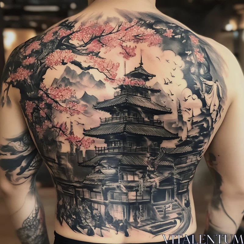 Traditional Japanese Inspired Back Tattoo with Pagoda and Blossoms AI Image