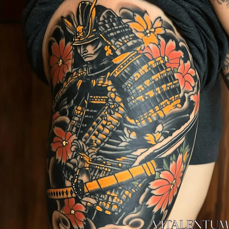 Japanese Samurai Tattoo Art with Sword and Flowers AI Image