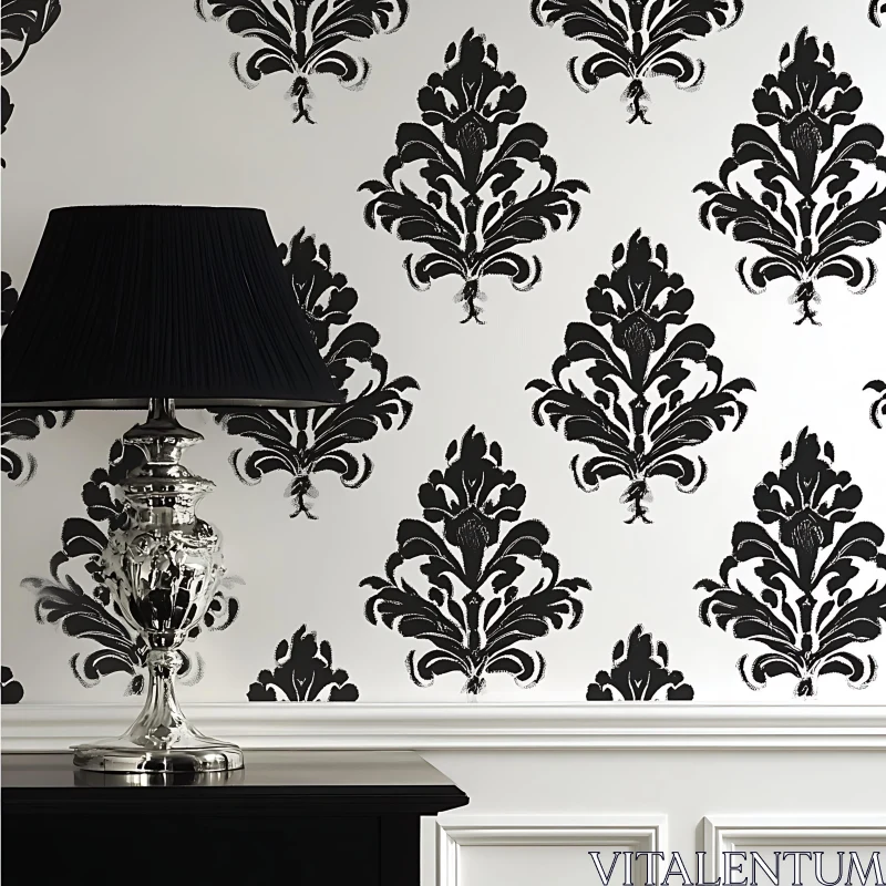 AI ART Monochrome Interior with Damask Wallpaper and Lamp