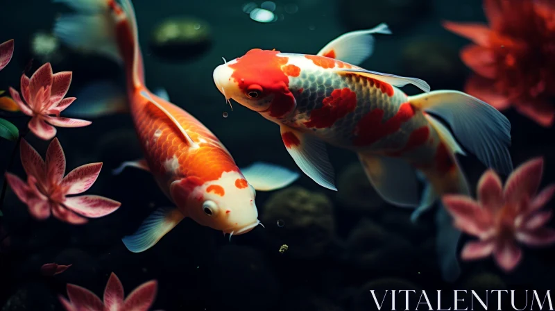 Two Koi Fish Swimming with a Flower - A Realistic Animal Portrait AI Image