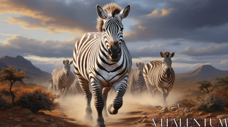 Zebras in Motion: Realistic Fantasy Art in a Desert Landscape AI Image