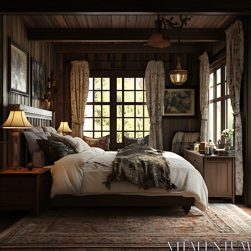 AI ART Cozy Wooden Cabin Bedroom Retreat