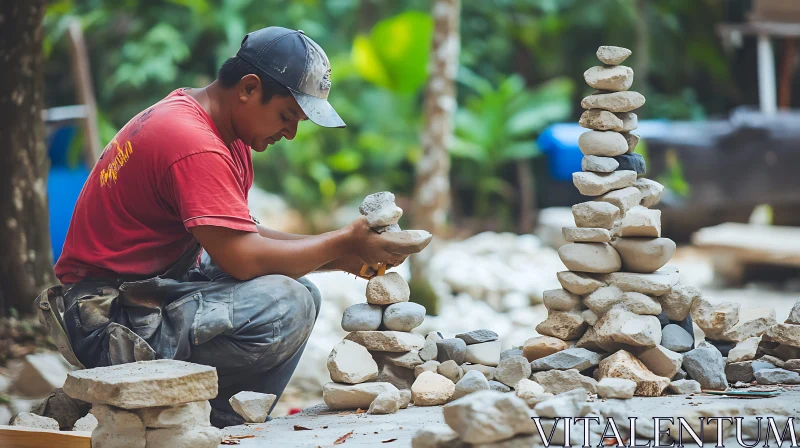 Stone Balancing Art: Man Creates Cairn AI Image