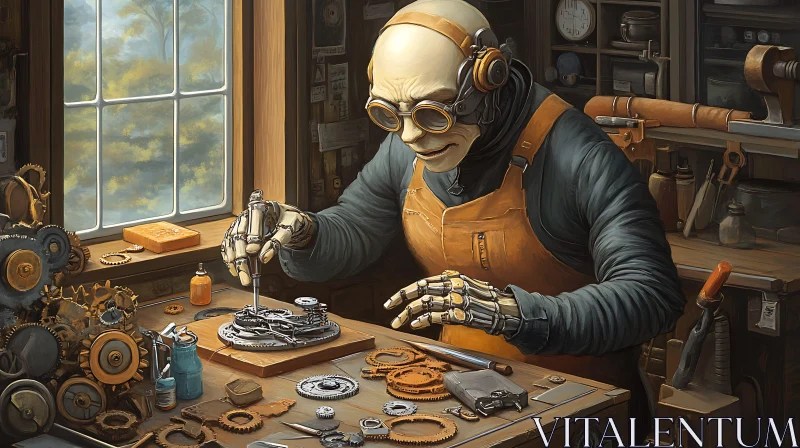 AI ART Steampunk Cyborg Gear Repair