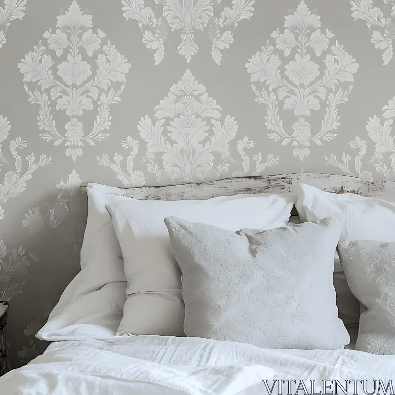 Tranquil White Bedroom with Patterned Wall AI Image