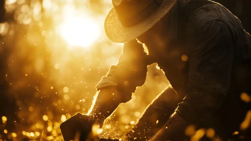 Man Working in Field at Sunset