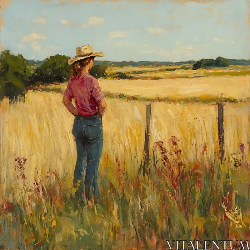 Idyllic Field View with Woman in Hat AI Image