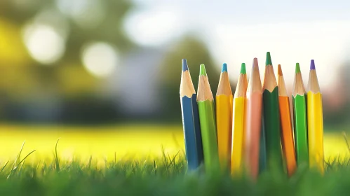 Colorful Pencils on Green Field