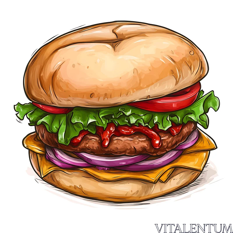 Detailed Burger Illustration with Lettuce and Tomato AI Image