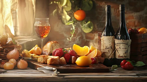 Still Life with Wine, Bread, and Fresh Fruits