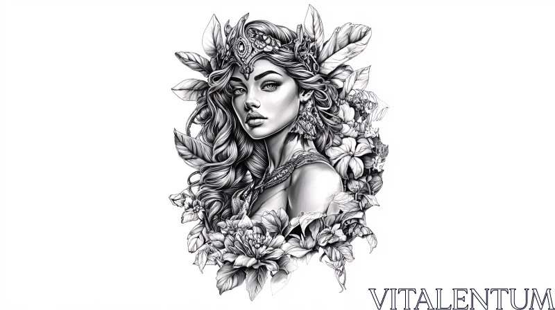 AI ART Monochrome Art of Woman Surrounded by Flora