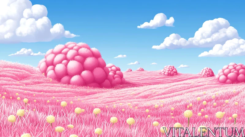 AI ART Whimsical Pink Field with Clouds