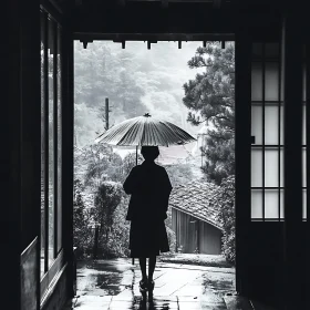 Monochrome Silhouette of Woman in Rain