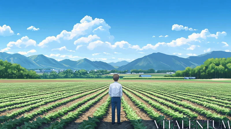 AI ART Man in Field Gazing at Mountains Artwork