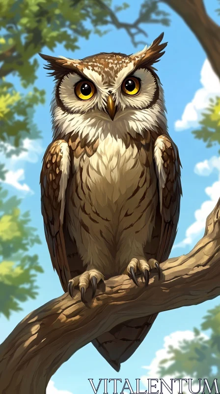 Regal Owl on Tree Branch AI Image