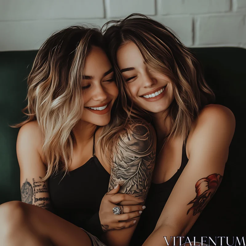 Intimate Moment Between Two Tattooed Friends AI Image