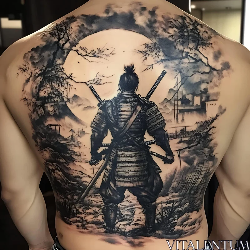 Detailed Samurai Full-Back Tattoo with Japanese Landscape AI Image