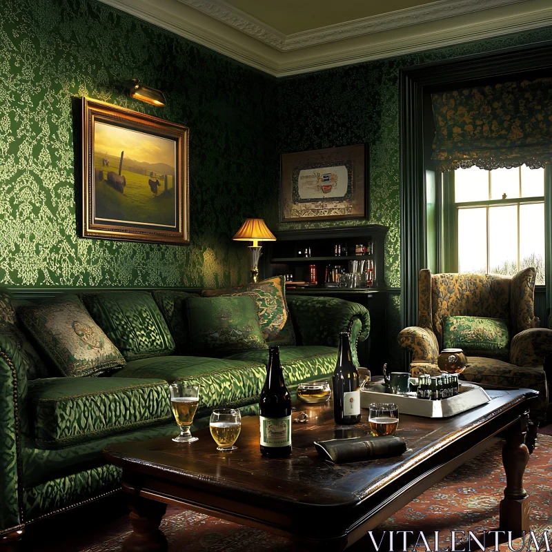 Green Vintage Living Room AI Image