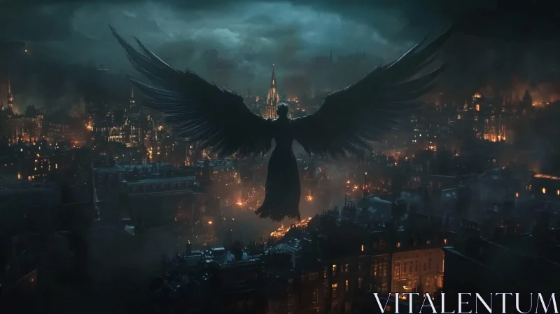 AI ART Winged Guardian Over Gloomy Metropolis