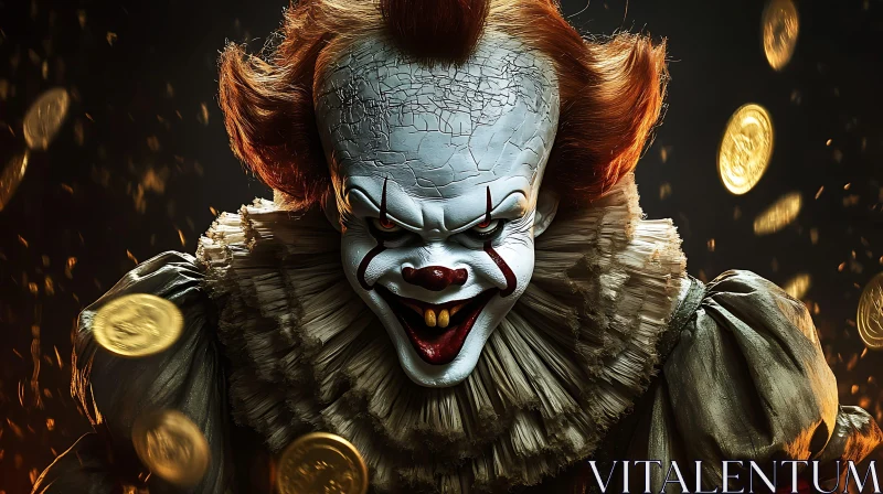 AI ART Menacing Clown with Fiery Hair and Coins