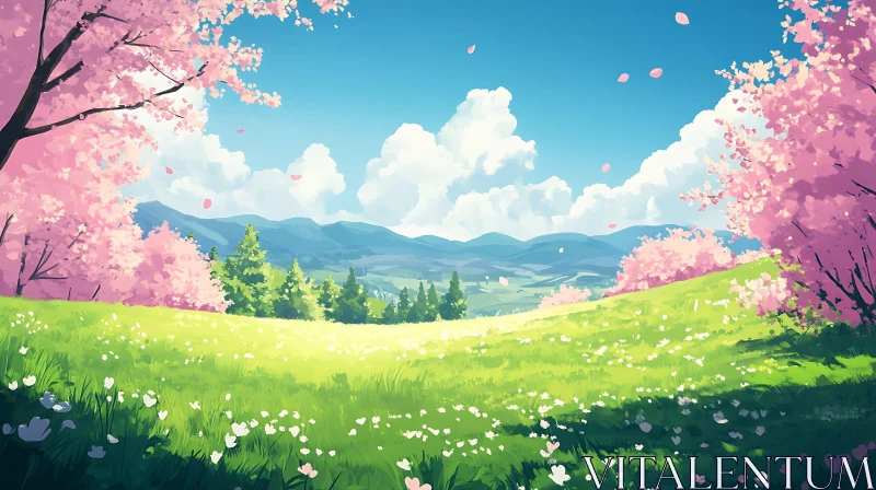 Spring Meadow with Cherry Blossom Trees AI Image