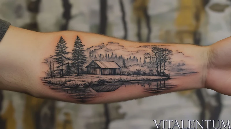 Rustic Cabin and Trees Tattoo on Forearm AI Image